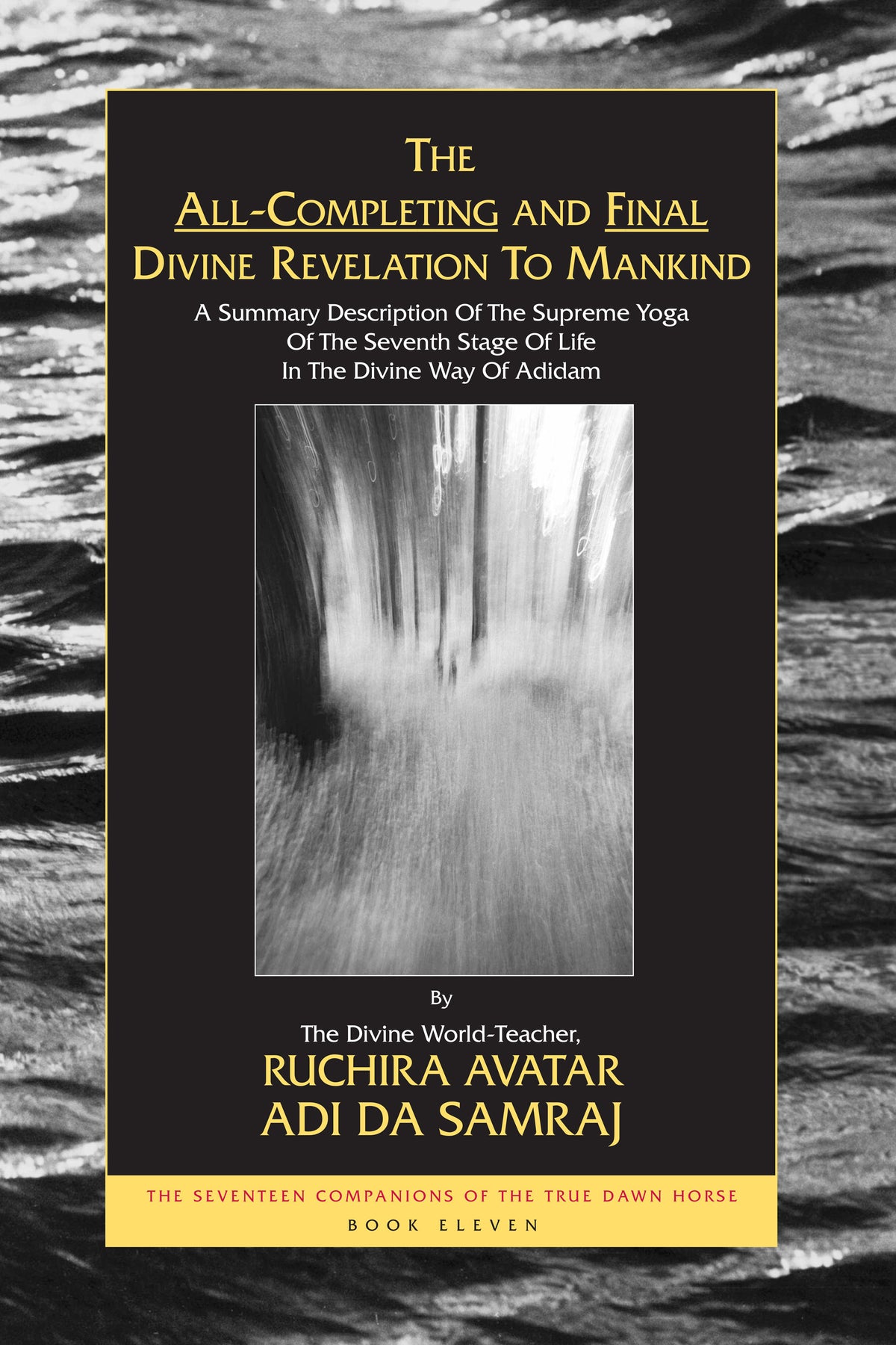 Book cover for 'The All-Completing and Final Divine Revelation to Mankind' by Ruchira Avatar Adi Da Samraj, featuring a black background with gold text and a central abstract gray and white vertical blur image.