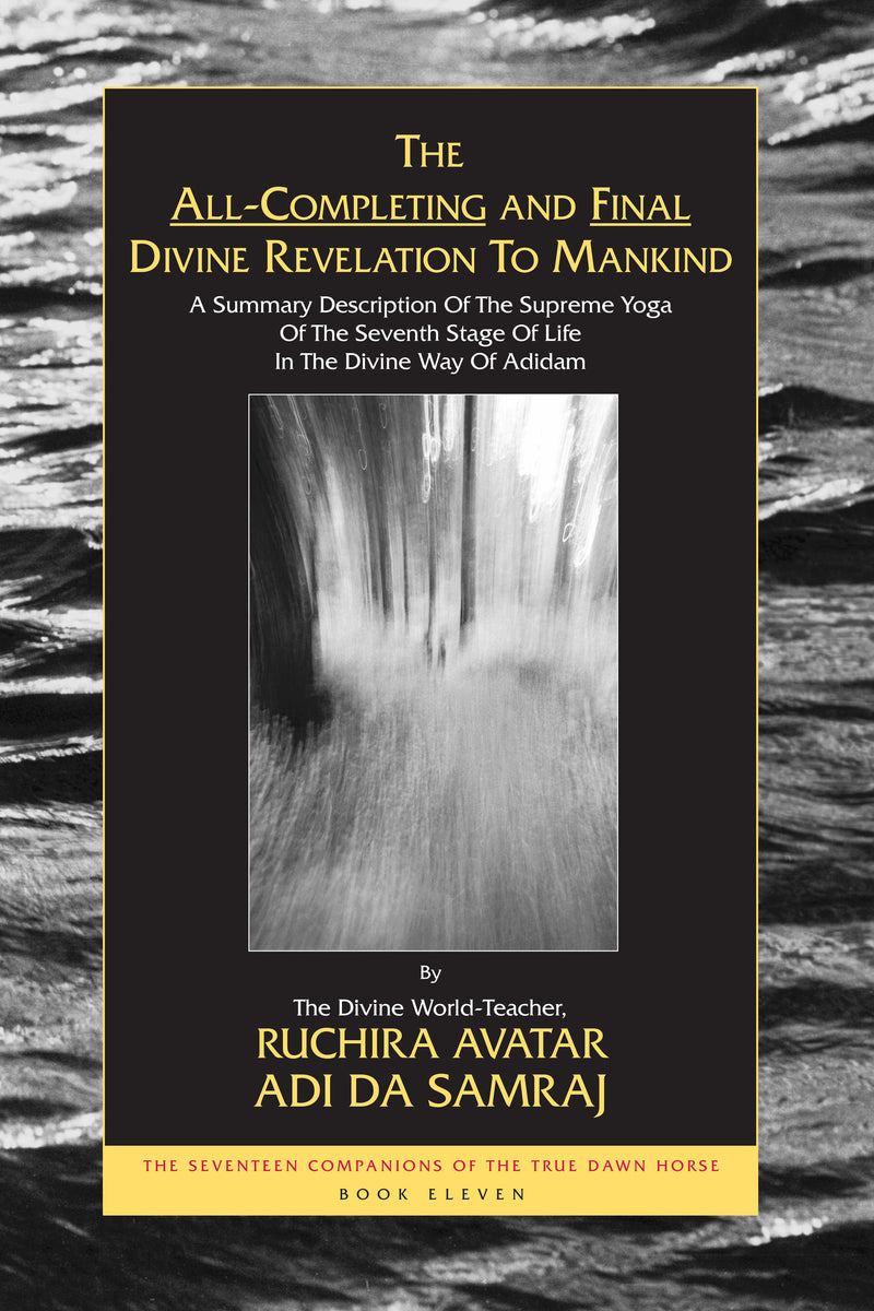 Book cover for 'The All-Completing and Final Divine Revelation to Mankind' by Ruchira Avatar Adi Da Samraj, featuring a black background with gold text and a central abstract gray and white vertical blur image.